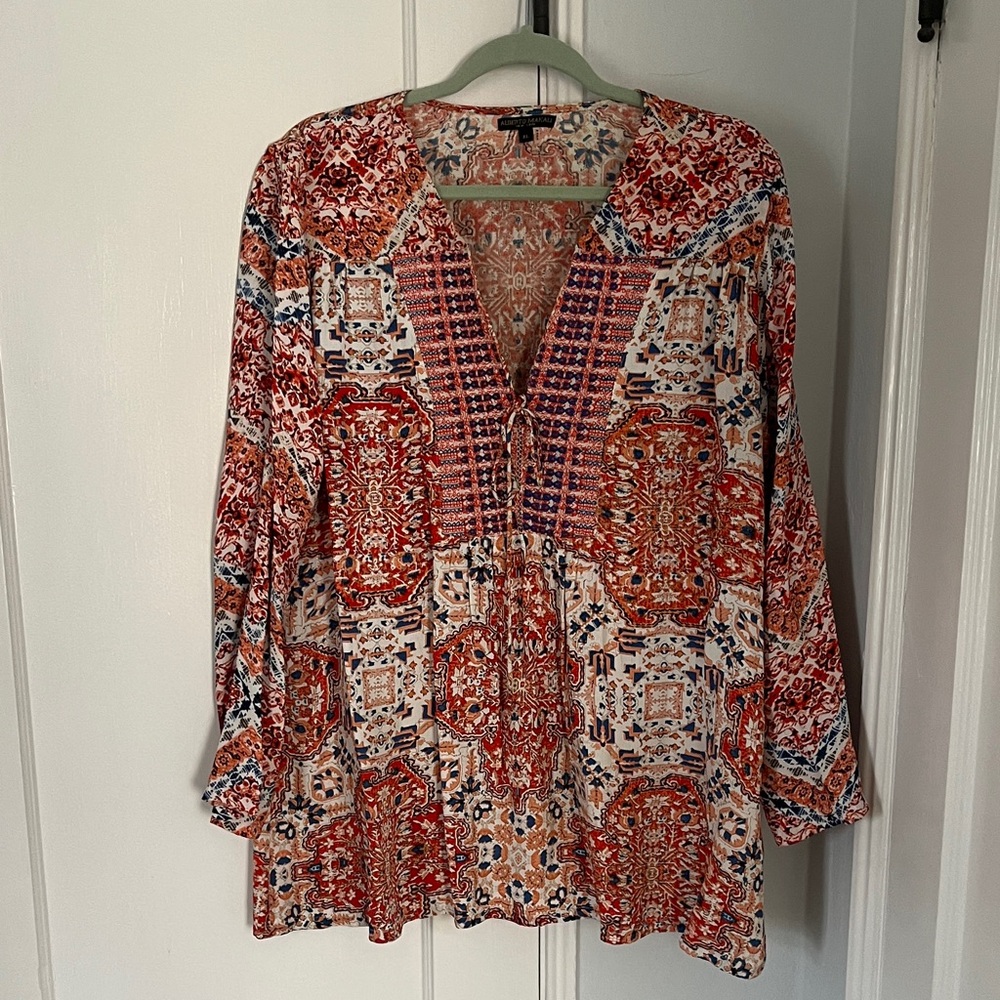 Alberto Makali Red and Blue Geometric Blouse